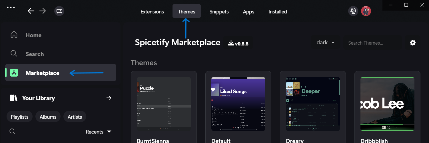 Click on Marketplace and then navigate to Themes tab